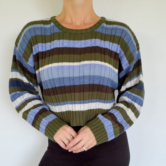 Le Lis green blue stripe stretch ribbed knit cropped long sleeve sweater small - Picture 2 of 14